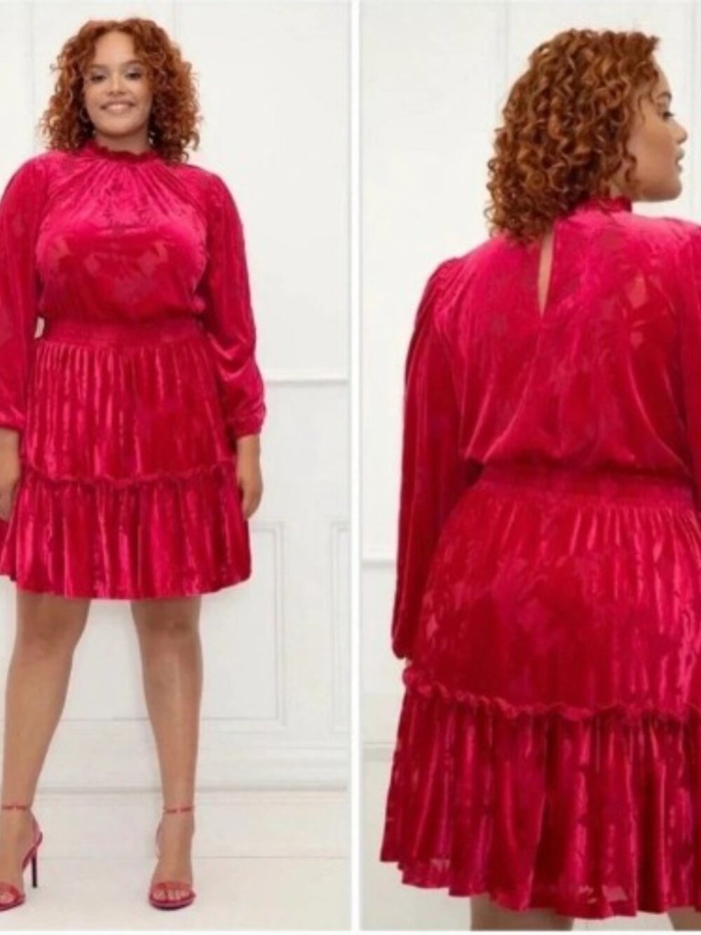 Eloquii Elements Magenta Pink‎ Floral Burnout Velvet Tiered Mini Dress 18/20